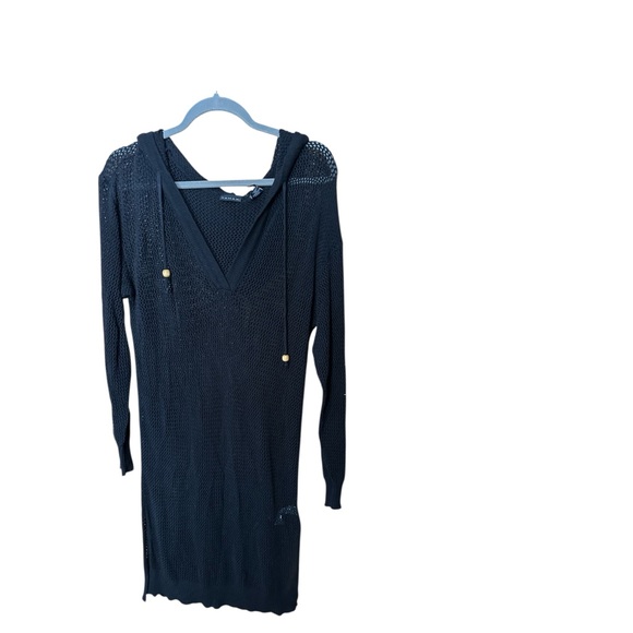 Tahari V Neck Black Open Knit Mesh Hooded Long Swim Cover-Up Large NWT - Picture 3 of 10